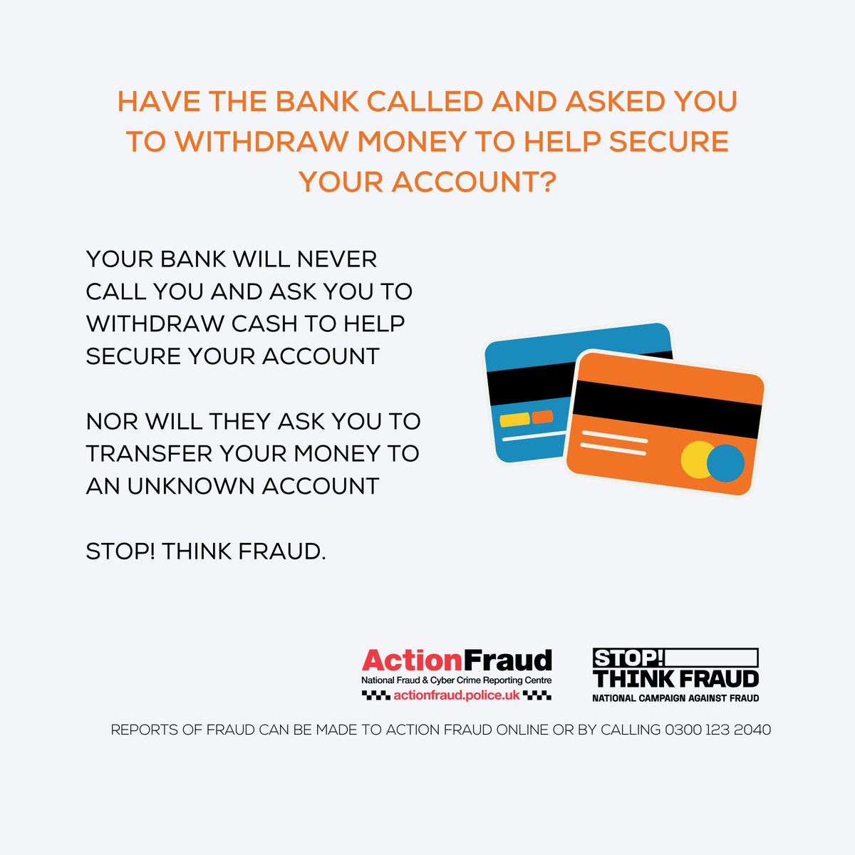 Your bank will never contact you and ask you to withdraw cash to help secure your account. This is a tell-tale sign of courier fraud. Dial 999 if this happens and even if you haven’t lost any money, also make a report to Action Fraud: orlo.uk/action-fraud_Y…