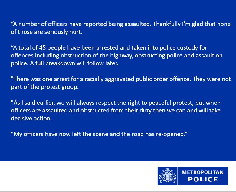 Police have now left #PeckhamRoad #Southwark #SE15 following the incident earlier.

A total of 45 people have been arrested and taken into police custody for offences including obstruction of the highway, obstructing police and assault on police. 

More info 👇