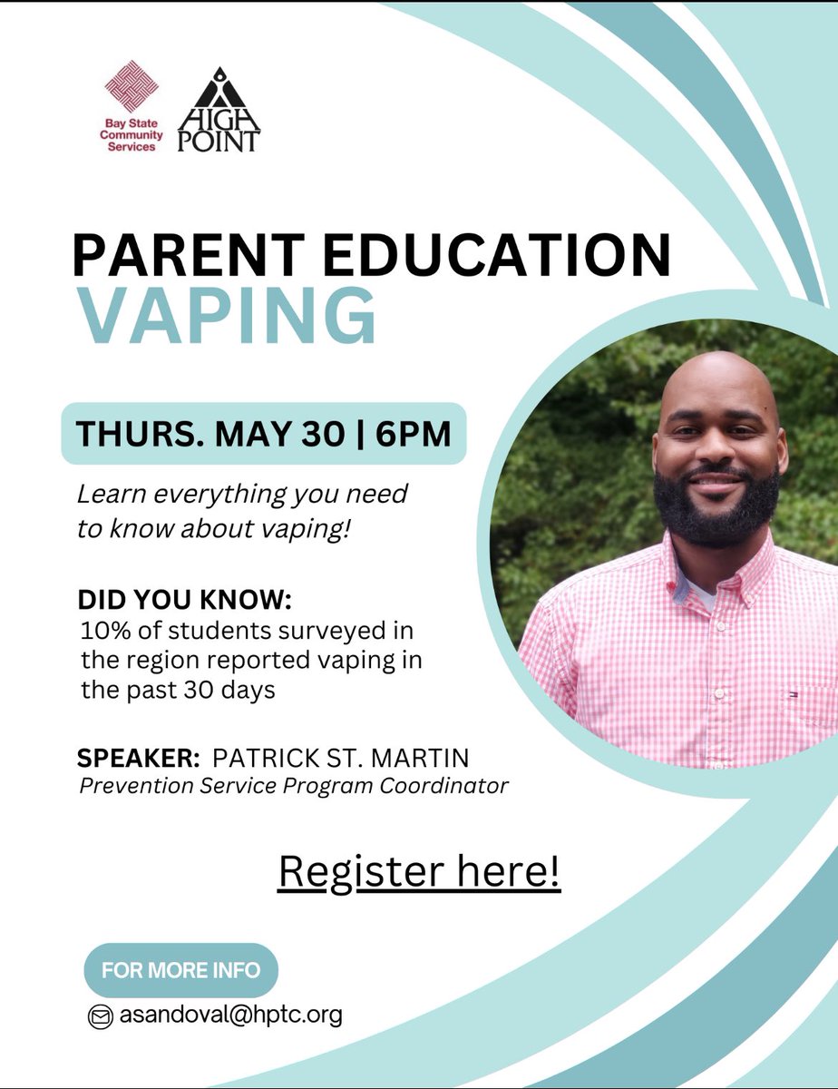 High Point Treatment Center's Prevention Services Depart is partnering w/Bay State Community Services to provide a FREE Parent Education Night on Vaping. This event is open to the public and on Zoom on Thursday May 30th at 6pm. Register in advance: us02web.zoom.us/webinar/regist…
