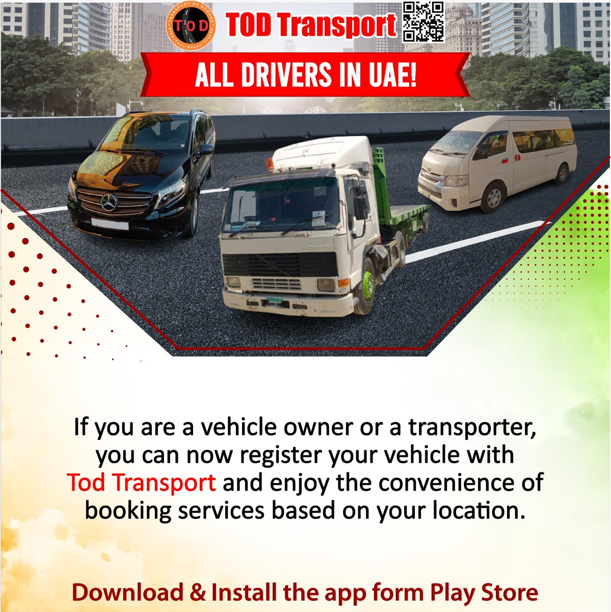 🚚📲 Attention vehicle owners and transporters! Unlock 6 MONTHS of FREE bookings by registering with TOD Transport UAE. Seamlessly book services tailored to your location and enjoy convenience like never before. Join us today! #TODTransportUAE #EffortlessTravel #SmartBooking