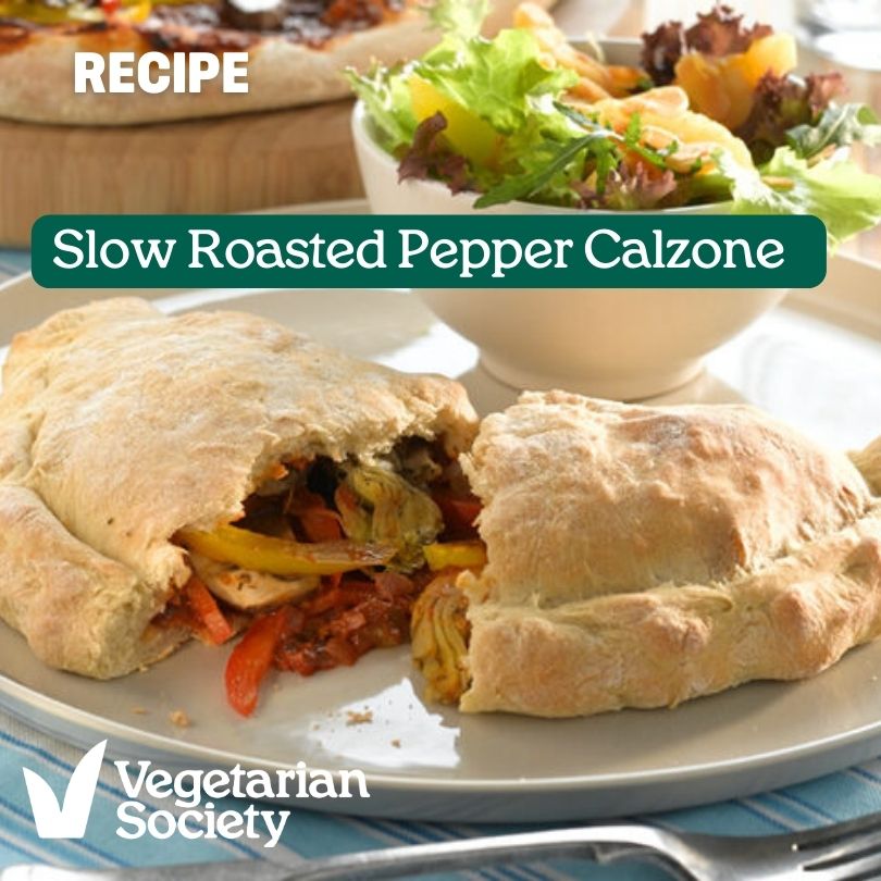 Slow roasted pepper, onion and pine nut calzone served with an orange and almond salad. The salad is packed full of flavour! vegsoc.org/recipes/slow-r… #recipe