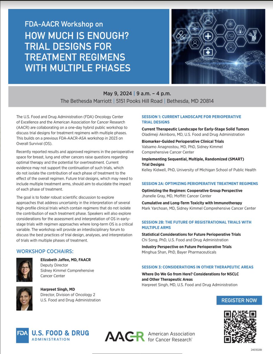 Join us for the hybrid FDA-AACR free workshop on Trial Designs for Tx Regimens with Multiple Phases, on May 9, 2024, at the Bethesda Marriott Pooks Hill. Explore alternative approaches to trial designs for periop treatment regimens with us. Register 👇! surveymonkey.com/r/AACR-FDA-May…