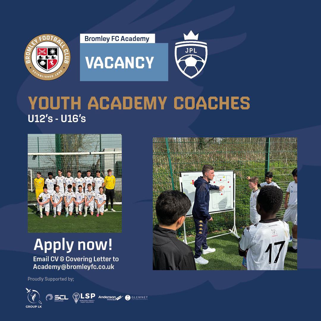 We are now recruiting Youth Academy Coaches for the 2024-25 season ⚽️ Email CV and covering letter to Academy@bromleyfc.co.uk 📧 #WeAreBromley