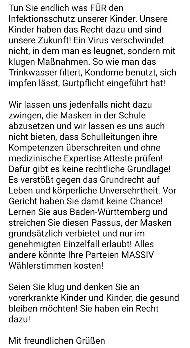 Ich habe auch geschrieben. Füge es bei. Seid ihr tätig geworden? Schreibt bitte alle Mails. Ich habe zig Mailadressen. Fragt mich gern danach und schreibt. Es darf kein Maskenverbot geben! 

Eine Anfrage bei 'FragDenStaat' wäre auch noch zu überlegen. Wer da was entschieden hat!