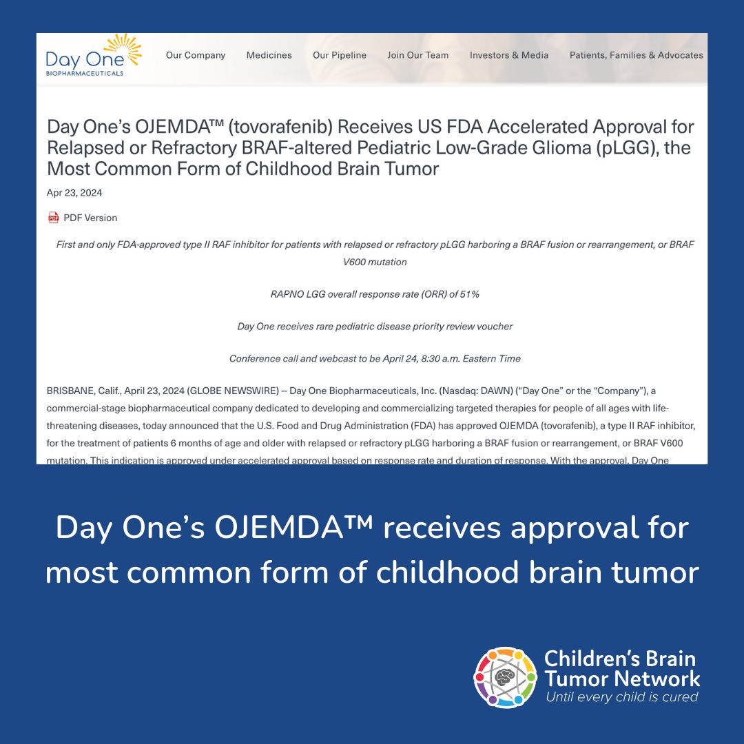 This is incredible! @DayOneBio has pioneered the FIRST EVER children's brain tumor drug to target cancer in more specific ways. Huge congrats to all involved, especially our partners at @PNOC_kids Learn more here: buff.ly/3UrYSGC #wearecbtn #DayOneBiopharmaceuticals #PNOC