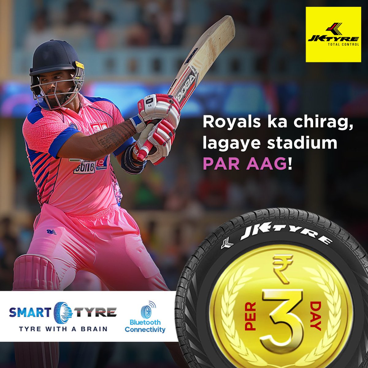 A cool, calm and composed half-century just like a driver on #TyreWithABrain Check out #SmartTyre from JK Tyre at ₹3/day to connect via Bluetooth and get tyre health updates in real-time. #JKTyre #IndianT20League #Rajasthan #Hyderabad
