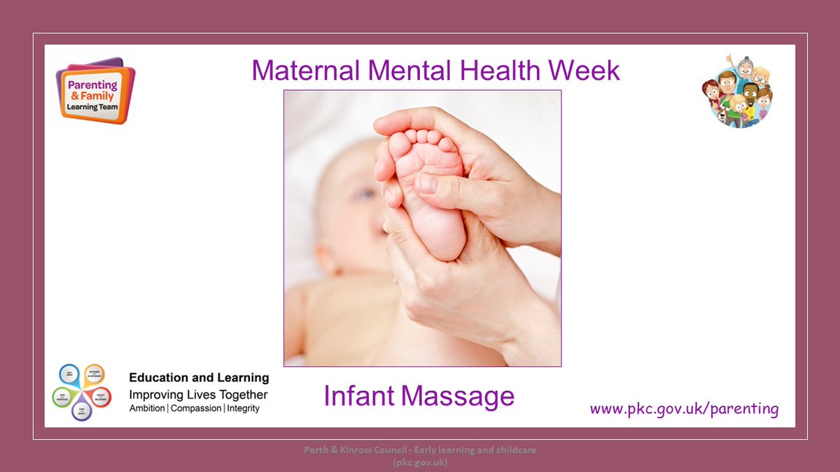 The second group that we would like to promote for  #MaternalMentalHealthWeek is our Infant Massage programme.
Infant Massage has many benefits for both baby and parent/carer.
For more information about our team, please visit the website pkc.gov.uk/parenting