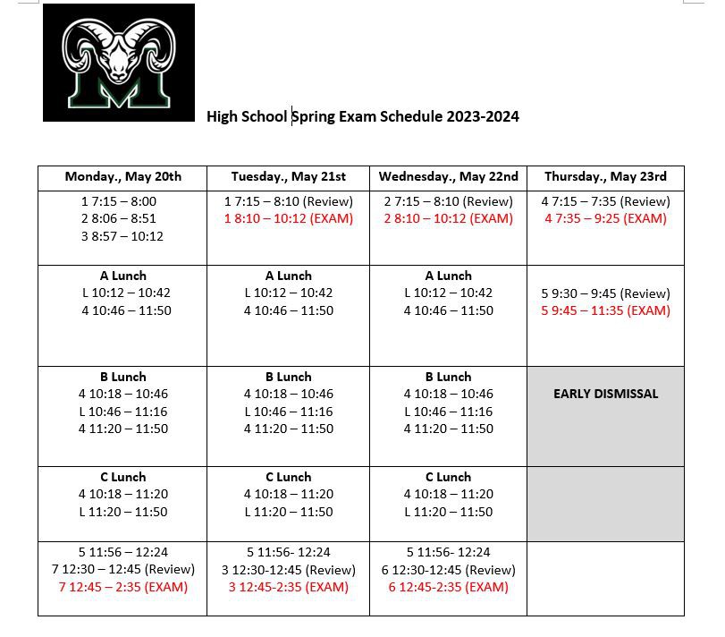 MCHS Spring Final Exam Schedule