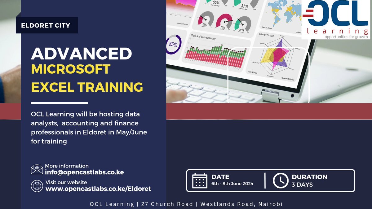 #EldoretCity. 
I have some news for you.

We'll be hosting Advanced Excel Master Class for data workers, accountants & finance professionals and everyone!

You are in Kisumu, Eldoret, Trans Nzoia, Bungoma, Busia, Nandi, Kabarnet. Share this with your HR & Finance person. 

As we