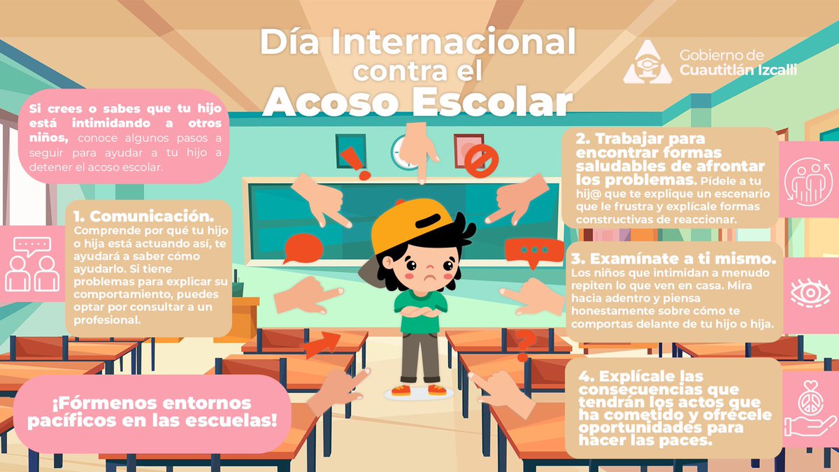 2 de mayo | Día Internacional contra el Acoso Escolar. Todas las niñas y niños merecen desarrollarse en entornos educativos seguros y libres de intimidación. Es obligación de los padres identificar el actuar de los niños hacia los demás y poner un alto al bullying.