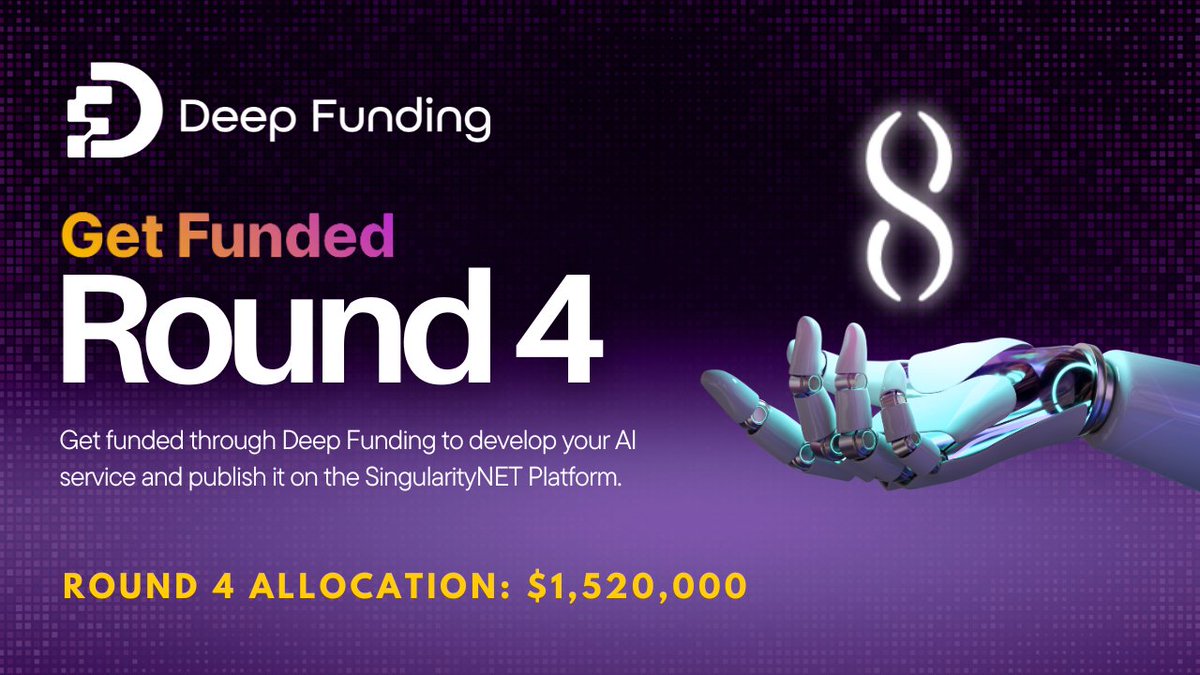 📢 @DeepFunding Round 4 Is Here With $1.5M In Rewards! Get funded through Deep Funding to develop your AI service publish it on the #SingularityNET Platform, and contribute to building a global ecosystem of decentralized AI! Apply now at deepfunding.ai