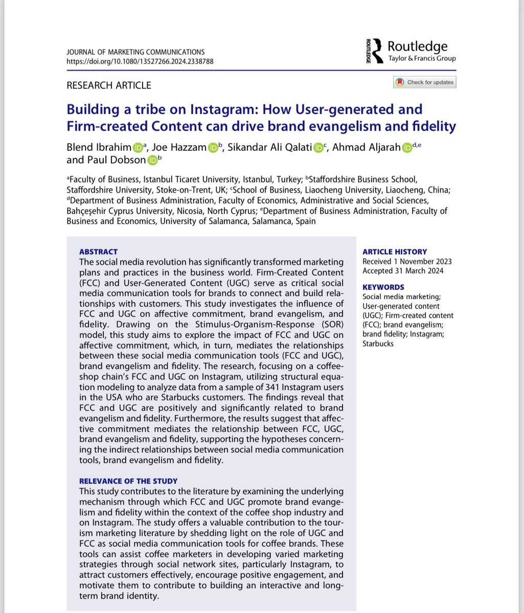 New research publications 👌 We have examined the underlying mechanism through which firm created content #FCC and user generated #UGC content promote #brand evangelism and fidelity on #Instagram within the context of the coffee shop industry. tandfonline.com/eprint/M6HJEJ5…