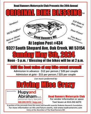 Almost Here ! The BIGGEST one day #Motorcycle Event in S.E. Wisconsin. #BikeBlessing #HarleyDavidson #Wisconsin #Bikers #DrivingMissCrazy #FreeBeer (WPA) Kick A** Music Ride in bike show & vendors. 
I'll be helping w/bike show. Stop by say hey...