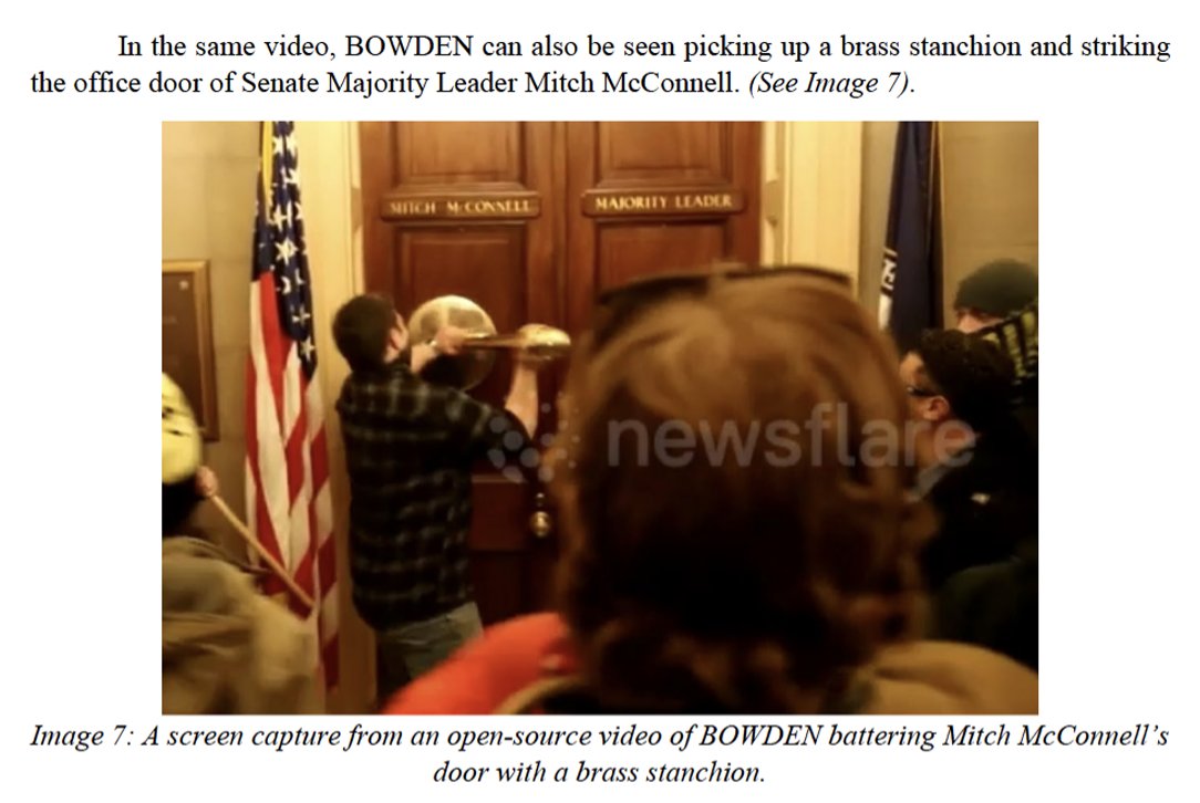 More good news #TartanTyrant #FBI476AFO, #Insider108 Benjamin Bowden of Orrington, Maine has been charged for property damage and other crimes at the capitol on #J6. He attacked the office door of Mitch McConnell with a brass stanchion.