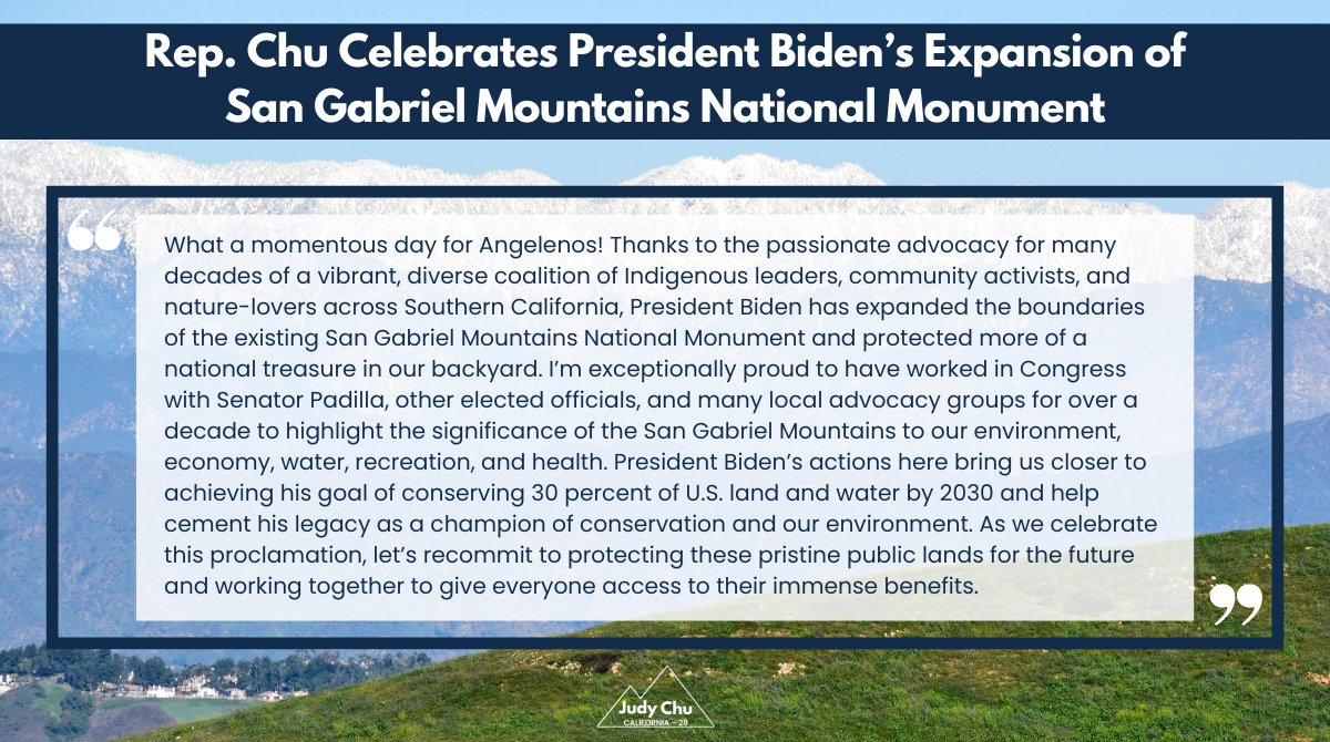 Just left the White House! I'm ecstatic that @POTUS is expanding the San Gabriel Mountains National Monument! This will protect & expand access to sacred natural, cultural, & recreational treasures for the 18 million+ Angelenos living near these beautiful public lands. 🧵(1/5)