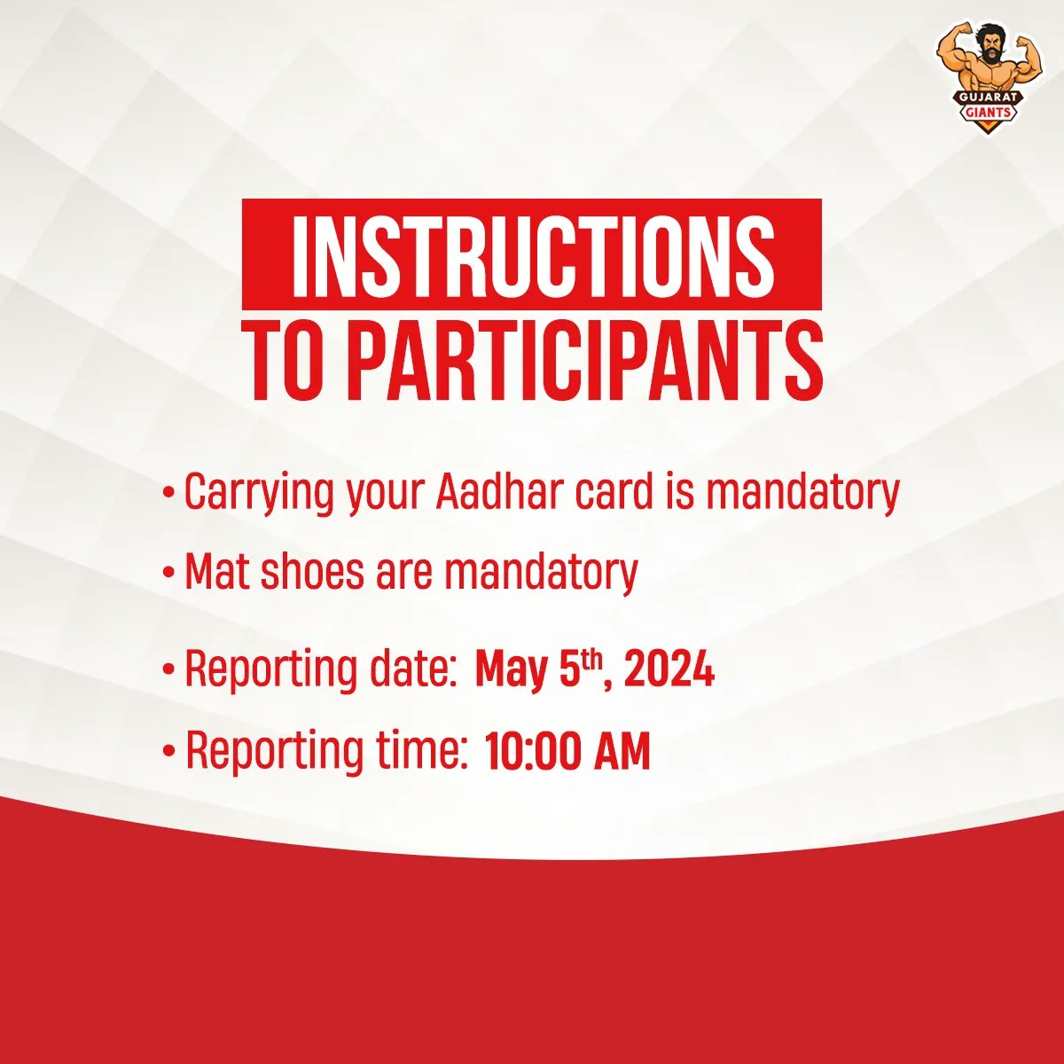 Here's a chance for you to showcase your talent! 🤩 Report to the Southern Sports Academy, PMT College, Madurai on May 5, 2024 to participate in the #GujaratGiants Kabaddi Trials. 🙌 #GarjegaGujarat #Adani #Kabaddi