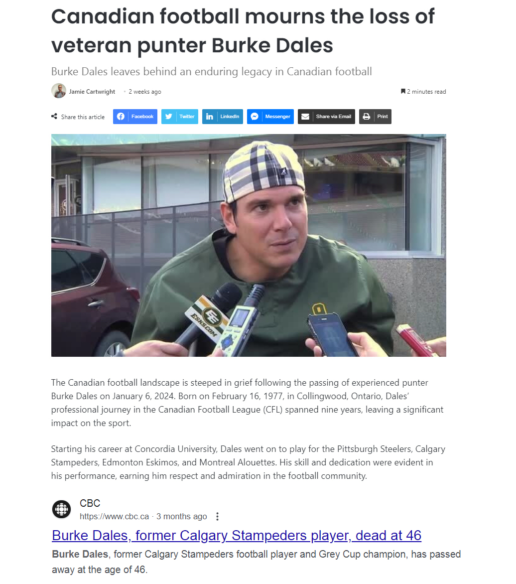 46 year old Burke Dales, former CFL football player for Calgary Stampeders and Grey Cup champion, died suddenly on Jan.6, 2024.

Cause of death not reported

COVID-19 mRNA Vaccine Sudden deaths are at an all time high in Canada and the US.

#DiedSuddenly #ableg