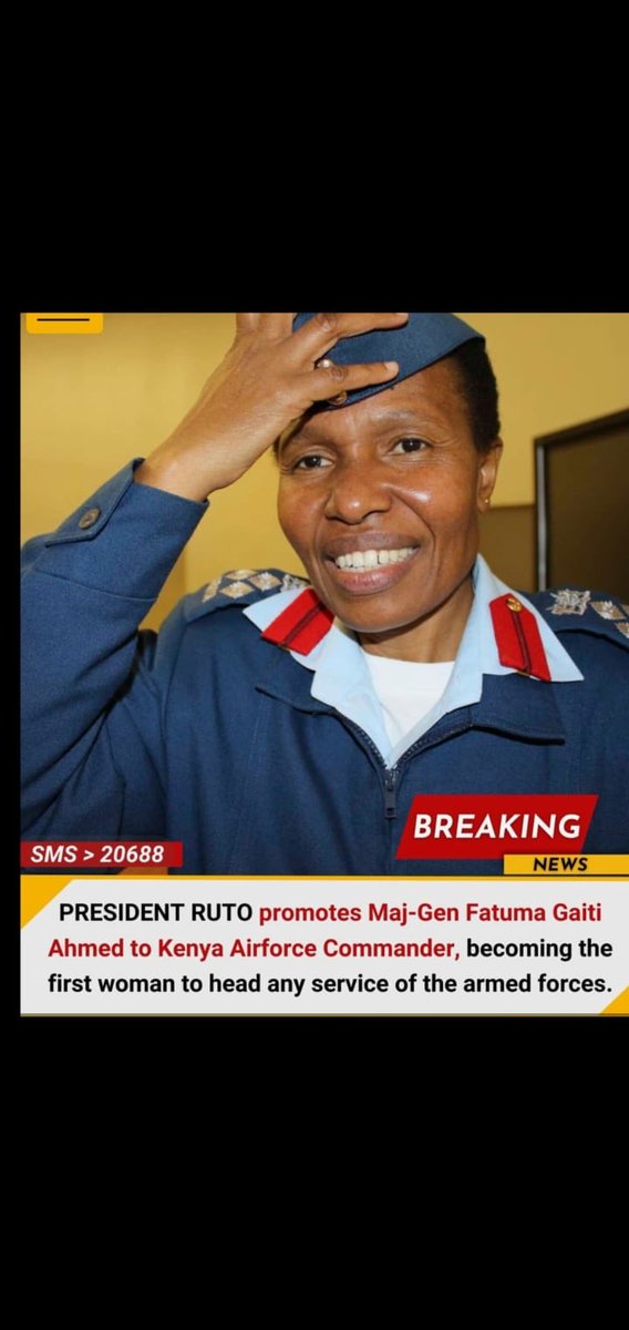 Major General Fatuma Gaiti becomes the first female commander to lead our Kenya Airforce . It is a win for Kenyan women . Mabrouk habibty!