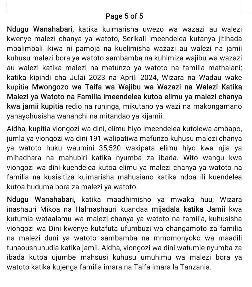 Kuelekea Siku ya Familia Duniani tarehe 15 Mei, 2024. Je wajua baadhi ya hatua za Serikali na wadau wake kwenye utengamao wa familia? Hii ni kwa uchache. Wito kwa wadau wote kila mmoja kutimiza wajibu wake kwa ustawi wa familia. Inawezekana kuwa na familia tulivu zenye upendo