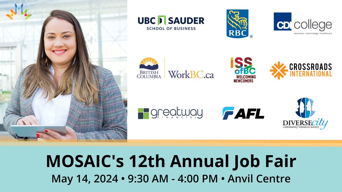 MOSAIC's 12th Annual #JobFair is less than 2 weeks away! Discover a fulfilling #career across various industries, including the educational services, finance & insurance, information, and public administration sectors on May 14! Register now: jobfair.mosaicbc.org