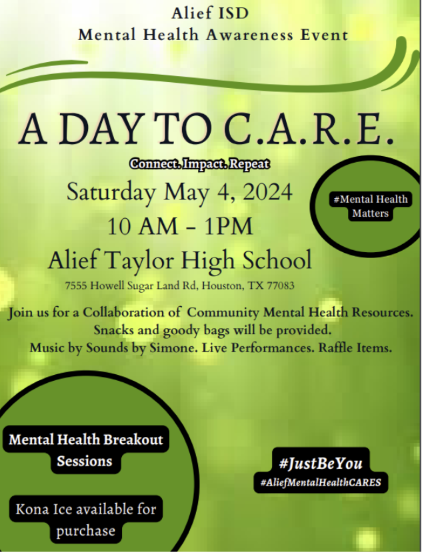 In 2 days 'A Day to C.A.R.E.' Alief ISD Mental Health Awareness Event will be occur Sat, May 4th,10am-1pm @ATaylorHS. This free family event will have workshops, raffles, performances, a DJ, and much more to highlight Mental Health Awareness in our community. #MentalHealth