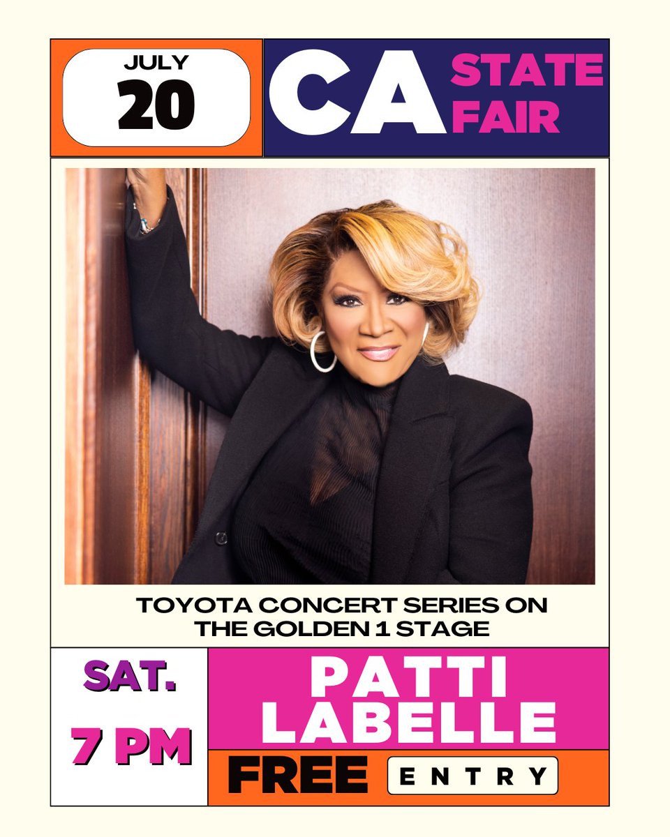 Don’t miss @MsPattiPatti when she comes to the #CAStateFair to perform at the @Toyota Concert Series on the @golden1cu Stage on Saturday, July 20. Tickets available now! Reserved Seating tickets here: bit.ly/CSFPattiLaBelle