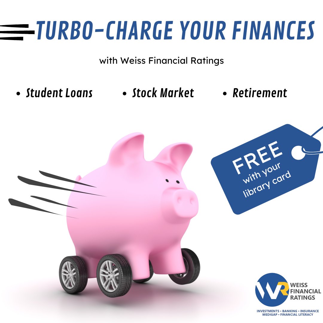 Turbo-charge your #finances with free help from Weiss Financial Ratings! Learn how to make a budget and stick to it, manage your student loans, grow your investments, and more. All you need is your library card! Log in at lcplin.org/business-resea…