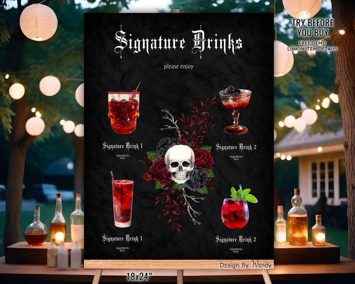 Halloween Signature Drinks Sign Template. Gothic Wedding Editable Signature Cocktails Signs with Skull and Roses #designbywendy #cocktails #drinkup #Halloween #GothicLove #wedding #skull #Macabre #witch #template #partytime  designbywendy2.etsy.com/listing/170828…