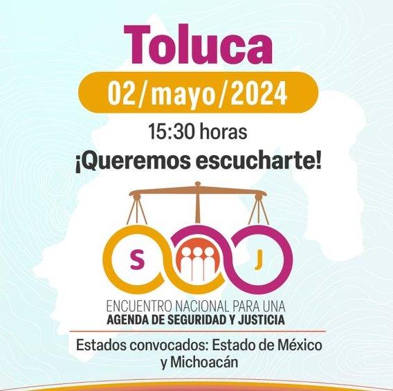 Nos vemos más tarde en la inauguración de la 6ª sesión del #EncuentroNacionalSeguridadyJusticia 

🗓️ 2 de mayo | 15:30 h  📍Toluca 

Estados convocados #EstadoDeMéxico y #Michoacán 

¡Suma tu voz por una agenda de seguridad y justicia!  

#PJF_Escucha

@SCJN | @CJF_Mx