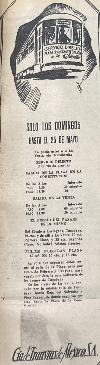En 1930, se anunció la nueva ruta de tranvía que conectaba la Plaza de la Constitución con La Venta. #PrimerasPlanas El Nacional, 3 de mayo de 1930, Biblioteca-Hemeroteca Ignacio Cubas.