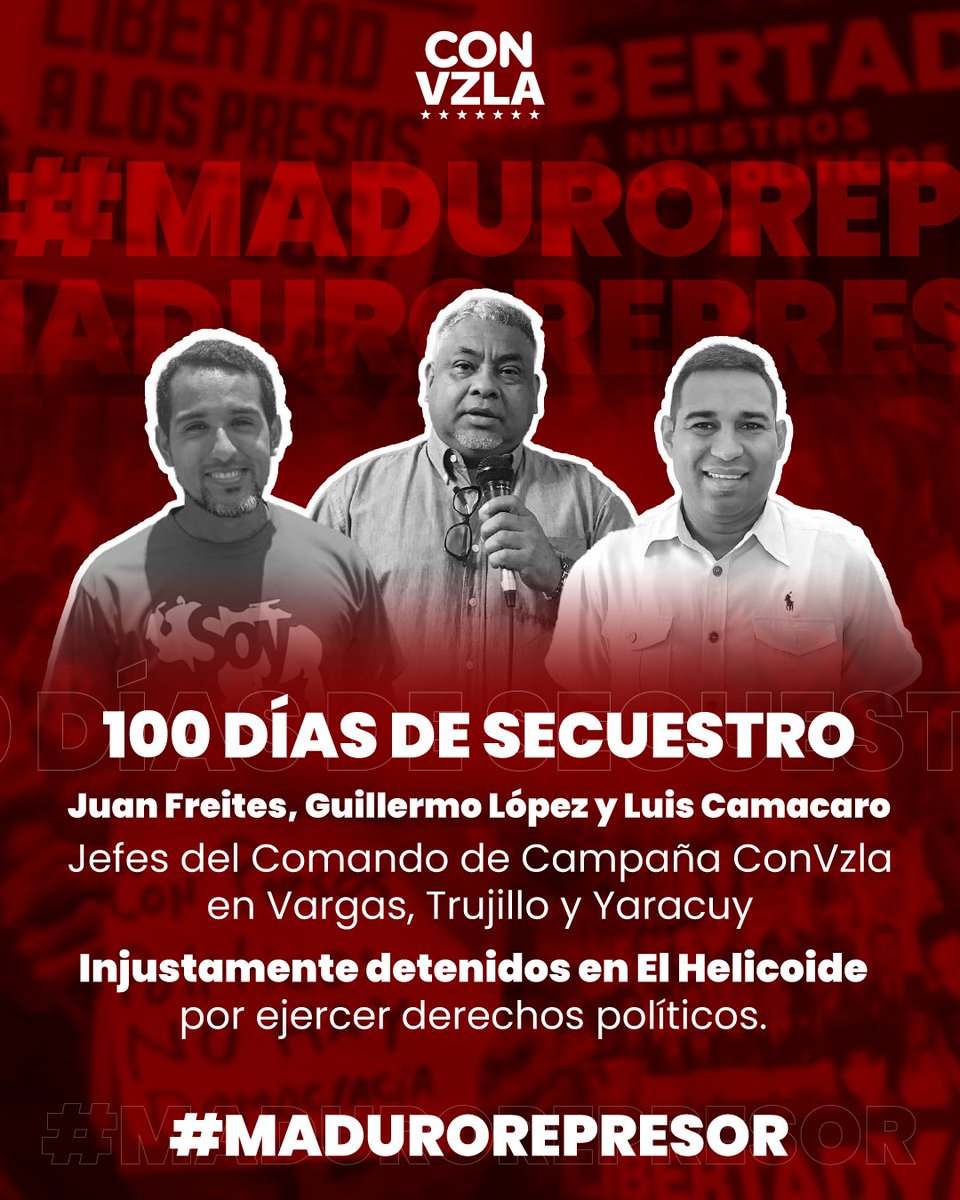 🆘 Hoy, se cumplen 100 DÍAS del secuestro de nuestros jefes de campaña en Vargas, Yaracuy y Trujillo. 

Tras su detención, permanecen secuestrados en El Helicoide, sin que sus abogados puedan ejercer su derecho a la defensa. 

‼️¡Exigimos libertad inmediata!