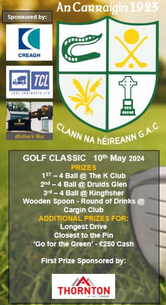 1st prize at the Cargin golf classic is a 4 ball for @thekclub sponsored by @Thornton_Ltd 💪🏻

2nd prize 4 ball @druidsglen 

3rd prize 4 ball @HiltonTP_Golf 

The dreaded wooden spoon prize a round of drinks at @Cargin_Gac 🥄
Sponsors: @CreaghConcrete TCL contracts @mallons_bar