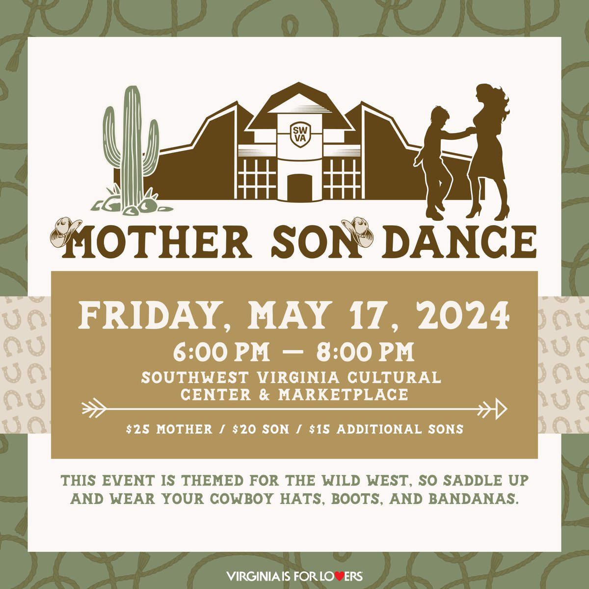 🤠 Calling all cowpokes! Tickets for the Mother Son dance at the SWVA Cultural Center & Marketplace are ON SALE NOW! 

🐎 'Giddy up and get yours TODAY! eventbrite.com/e/878225154077…