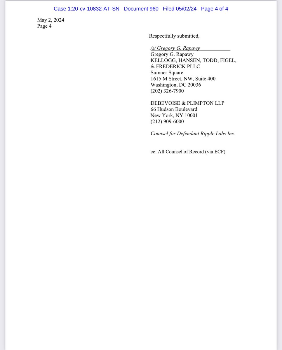 #XRPCommunity #SECGov v. #Ripple #XRP @Ripple has filed a letter in further support of its April 22, 2024 motion to strike new expert materials, and in reply to the SEC’s April 29, 2024 opposition to that motion to strike.