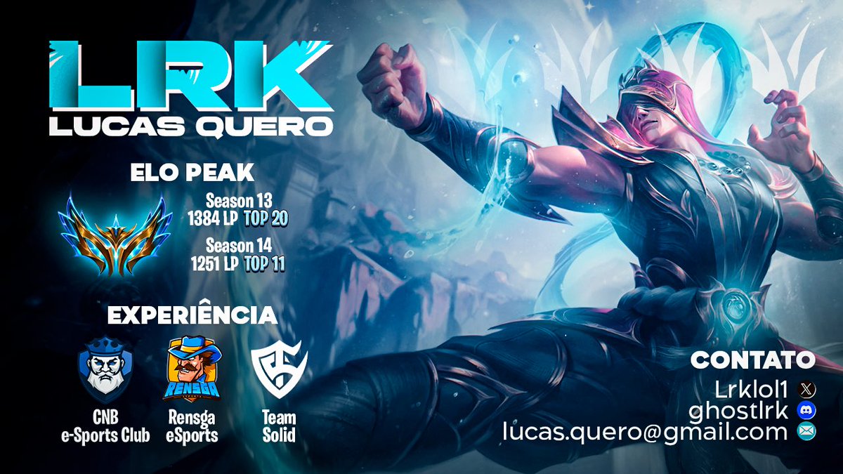 Salve rapaziada, sigo F/A pro CBLOL Academy como jungler

Sou um cara bastante metódico, não tenho dificuldade em manter rotinas, e sou acostumado a ter disciplina   

Faço acompanhamento profissional com o <a href="/MBernardoBR/">M.Bernardo</a> desde janeiro

RT e Like = foda 
opgg nos comentários