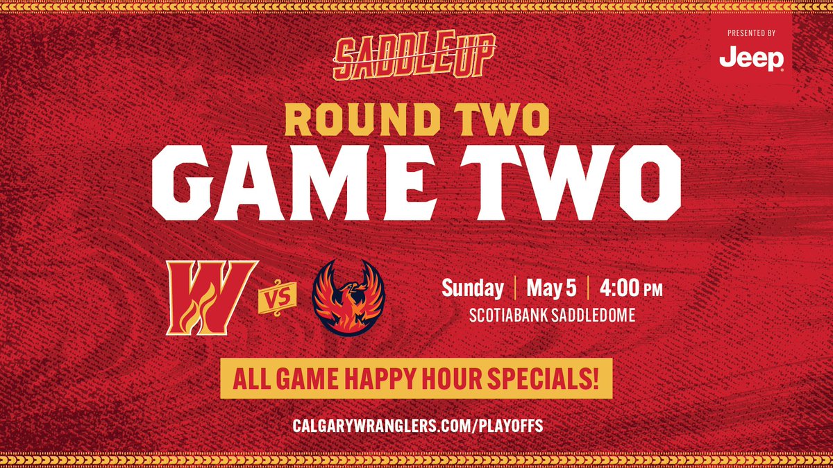 Have your tickets for game two yet?!

Come cheer on your Wranglers this Sunday and enjoy Happy Hour concession specials ALL GAME LONG 👀

🎟️calgarywranglers.com/playoffs

#SaddleUp | @ABJeepDealers