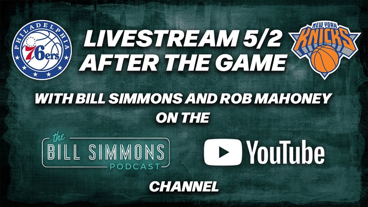 🚨 LIVE AFTER KNICKS-SIXERS 🚨 Join @BillSimmons and @RobMahoney live on YouTube to react to Game 6 of Bucks-Pacers and Knicks-Sixers, and everything else in the #nbaplayoffs. ➡️ youtube.com/live/KAgd4UrEf…