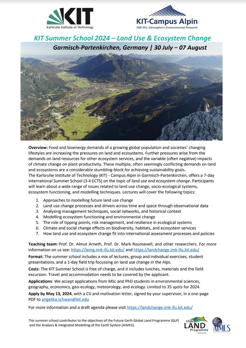 Attend PhDs and MScs: KIT Land Use and Ecosystem Change Summer School Deadline Extension to May 13!! Interested in field work in Garmidvh-Partenkirchen? Check out this summer school opportunity with KIT in Germany. @KITKarlsruhe Learn more here: landchange.imk-ifu.kit.edu/summer-school-…