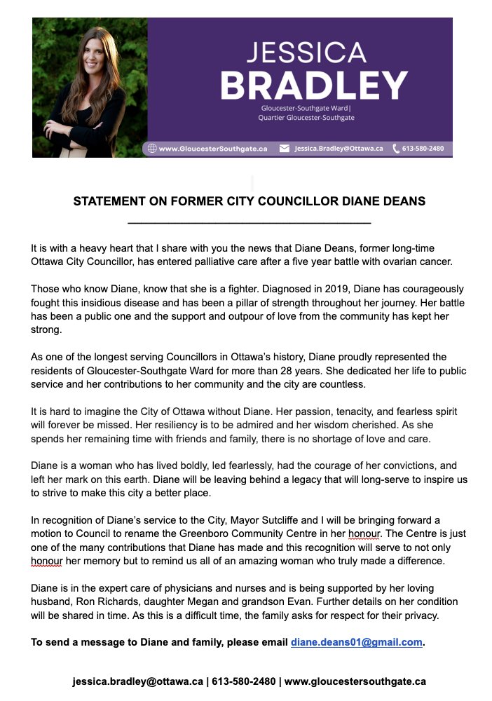 It is with a heavy heart that I share the news that long time Ottawa City Councillor Diane Deans has entered palliative care after a 5 year battle with ovarian cancer.