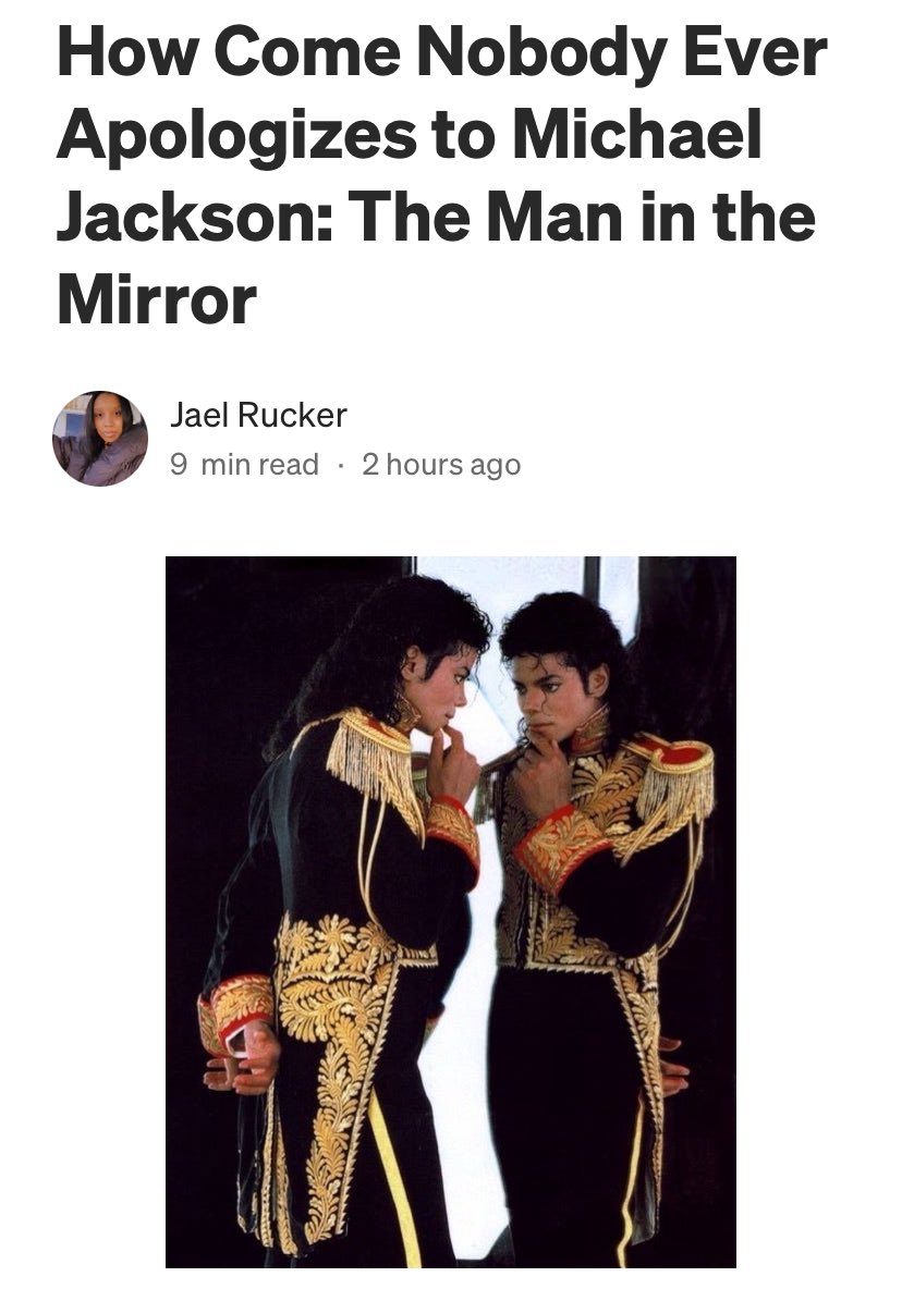 How Come Nobody Ever Apologizes to Michael Jackson: The Man in the Mirror One time only. Michael Jackson didn’t owe anybody an explanation over what he did with HIS body, but the true story is that it’s been grossly misrepresented ⬇️ #MichaelJackson medium.com/@ruckerjael/ho…