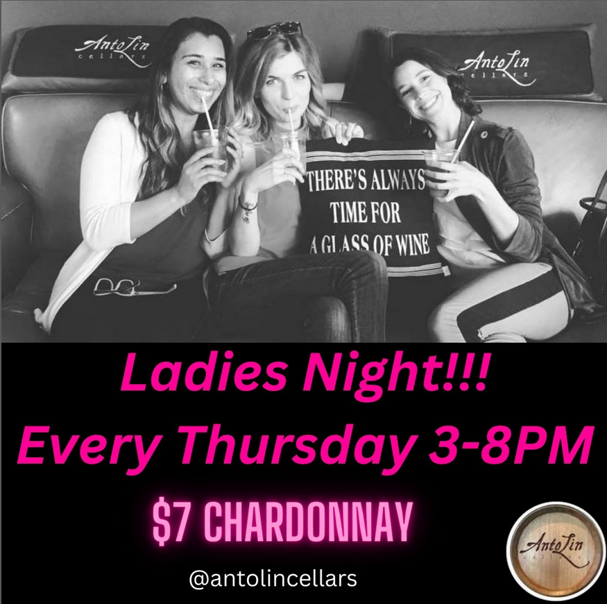 Every Thursday: Ladies Night 🪩 at AntoLin Cellars: $7 Chardonnay 🥂Special. C'mon in and, you know, try to have some fun🥳Tasting Room & Patio open 3-8.😎 #WineSmoothies #WAwine #Wine #LadiesNight #WineTasting #TastingRoom #WineLovers #WineTime #Winery #Yakima See ya soon!🧀🍷