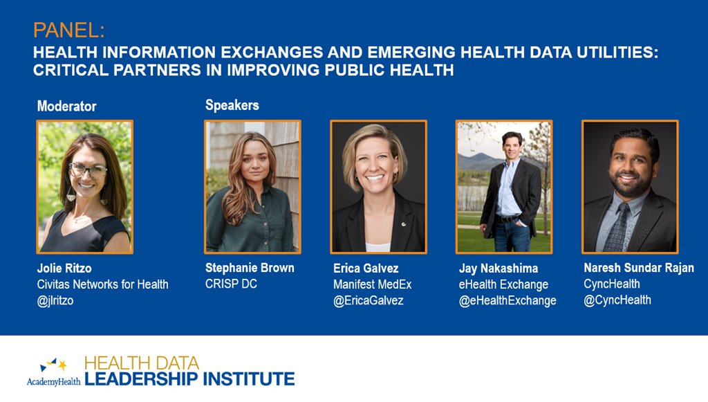 Erica Galvez (@ericagalvez) on Twitter photo Join me and other health data leaders on May 8 in the discussion, “How Health Information Exchanges and Emerging Health Data Utilities are Leveraging Data to Address Public Health,” at <a href="/AcademyHealth/">AcademyHealth</a>'s Health Data Leadership Institute.
Register today: bit.ly/3VymGe8 Join me and other health data leaders on May 8 in the discussion, “How Health Information Exchanges and Emerging Health Data Utilities are Leveraging Data to Address Public Health,” at <a href="/AcademyHealth/">AcademyHealth</a>'s Health Data Leadership Institute.
Register today: bit.ly/3VymGe8