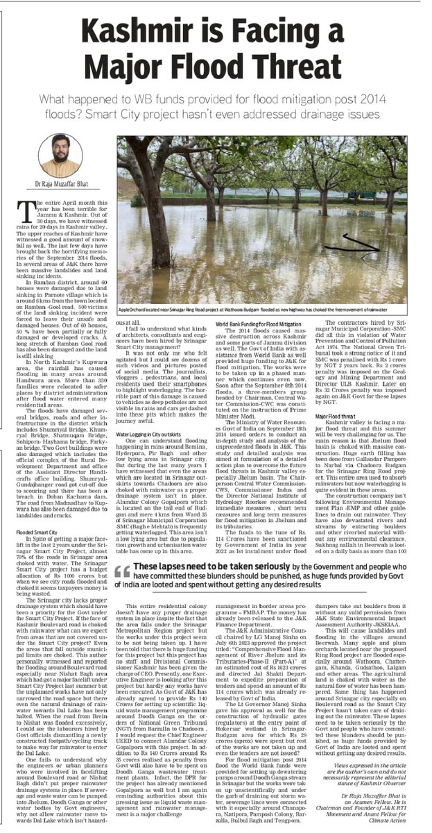 @WorldBankIndia funds given to JK post 2014 Floods haven't been utilized properly & Flood Mitigation works are being questioned. Srinagar and others places get waterlogged in mild rainfall. This summer Kashmir may be Flooded again. My detailed piece kashmirobserver.net/2024/05/01/kas…
