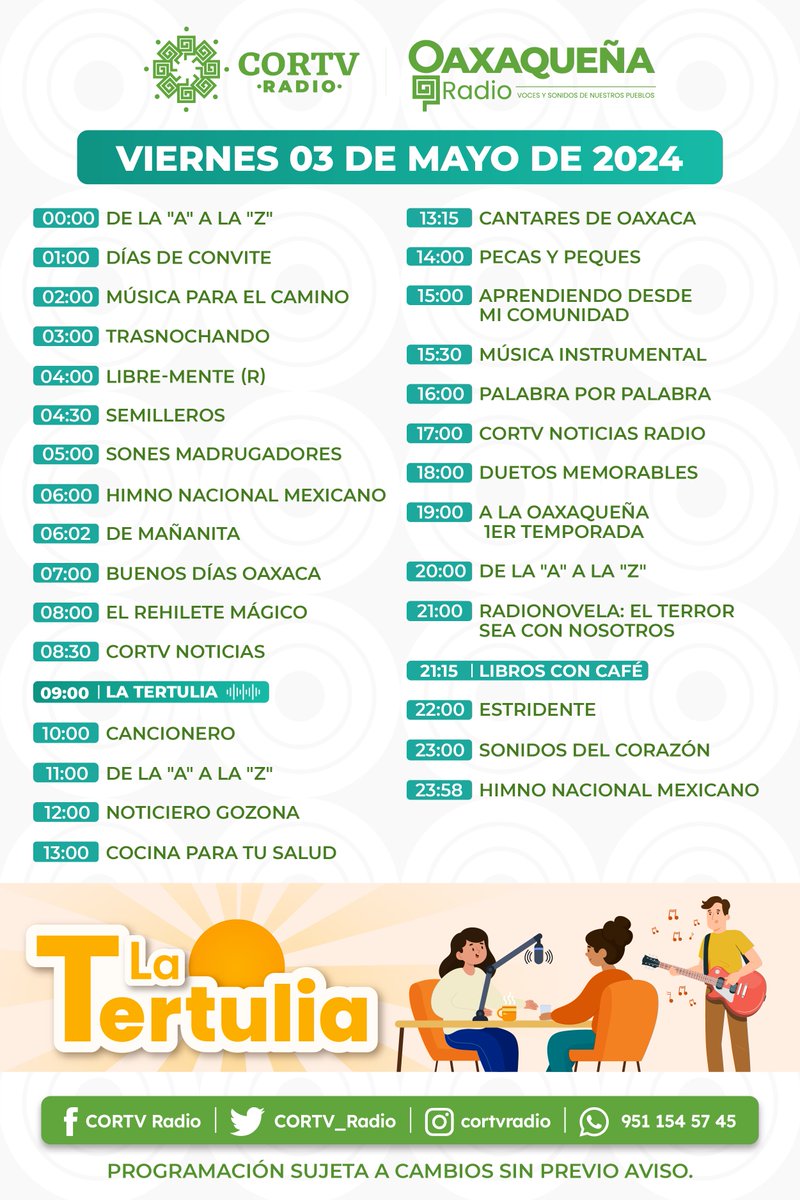 ¡Échale un vistazo a nuestra programación radiofónica de este viernes! 👀 #Oaxaca @cortv