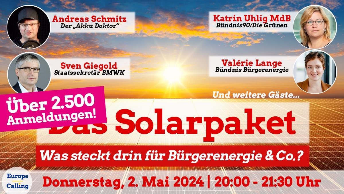 Habt Ihr auch Lust auf gute Nachrichten? Über 2.500 haben sich schon zu @_europecalling angemeldet, um mit uns das Solarpaket zu feiern und zu diskutieren, wie es weitergeht. Um 20 Uhr geht es los. Noch schnell anmelden für das Webinar hier: t1p.de/27edv