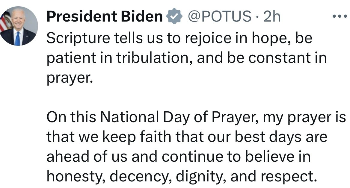 Have republicans noticed the National Day of Prayer 🙏 while they are crapping all over good President Biden?
#BidenHarris2024 , #RepublicansForBiden