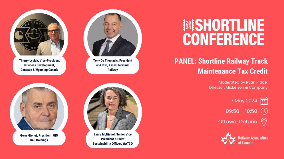 Join us next week for a vital conversation on the need for a shortline railway track maintenance tax credit in Canada. Learn how shortlines ensure safe tracks, navigate climate change impacts, and more. You won't want to miss it! View the full agenda: railcan.ca/event/2024-sho…