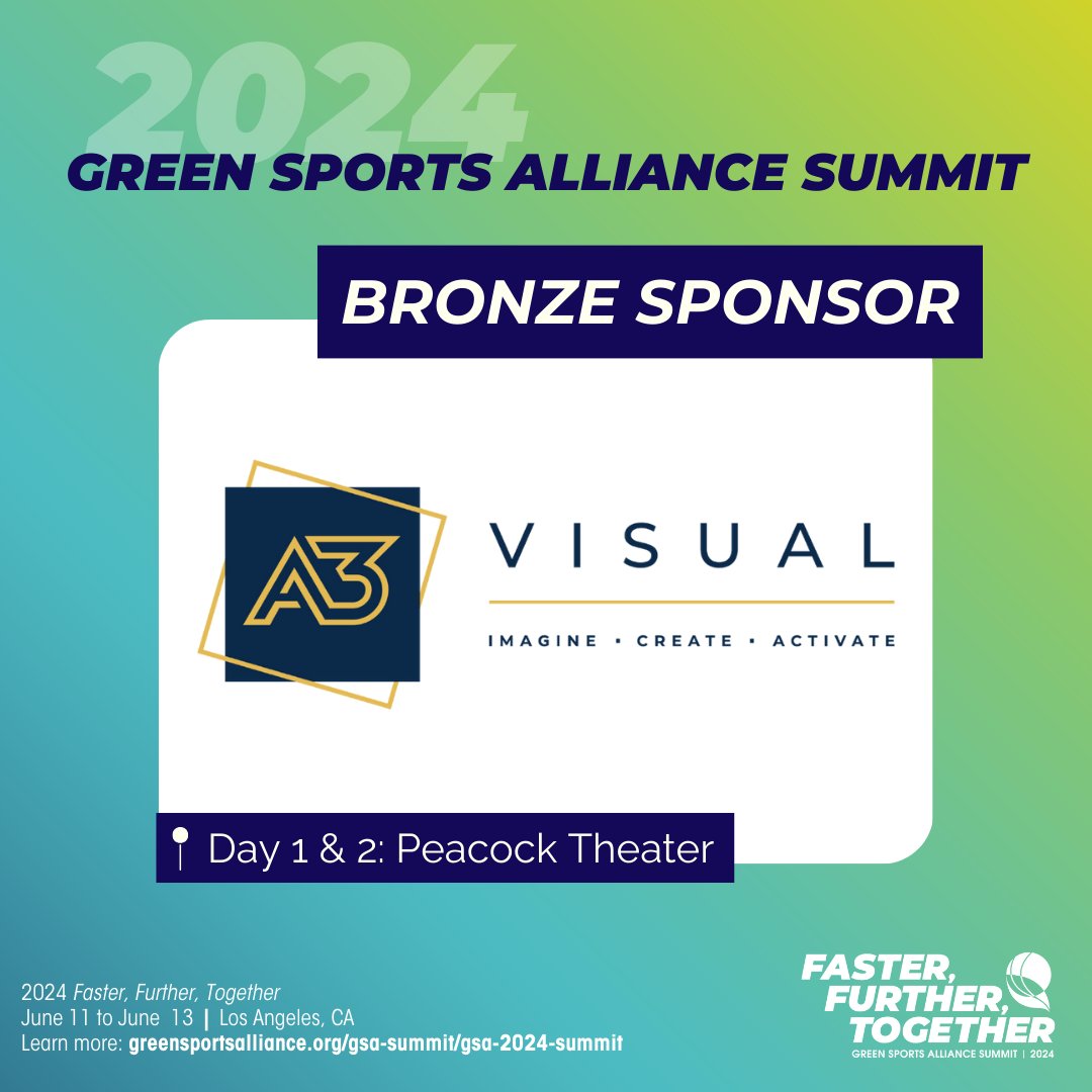 Welcome @a3visual as a Bronze Sponsor for 2024 Green Sports Alliance Summit: Faster, Further, Together. Thank you to #A3 for supporting #GreenSports. We look forward to seeing you in LA. Click to secure your ticket for #24GSASUMMIT 🔗 loom.ly/vItE0ZA #FasterTogether