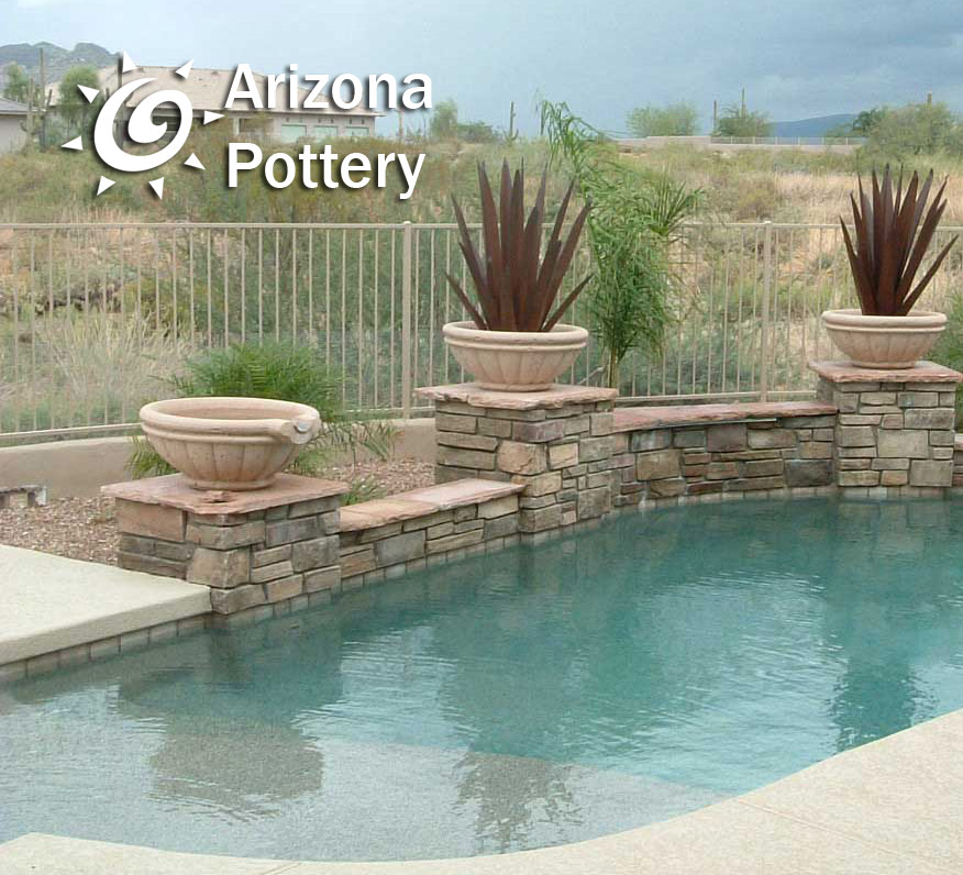 💦Tuscany Spill Pots &amp; Planters that match. 🪴
bit.ly/3qTIr5R
The photo shows the bowls with a spill lip for water flow 💦 into the pool and the bowls with metal plants for decor.  We sell both. 💲 You choose from 13 colors to match your outdoor decor. 🚚