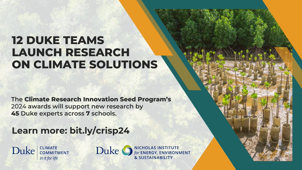 Nicholas Institute (@nichinstitute) on Twitter photo 🌍Forty-five <a href="/DukeU/">Duke University</a> scholars on twelve teams will pursue new research projects advancing climate solutions, supported by grants from the Duke Climate Research Innovation Seed Program.
Meet the teams: bit.ly/crisp24 🌍Forty-five <a href="/DukeU/">Duke University</a> scholars on twelve teams will pursue new research projects advancing climate solutions, supported by grants from the Duke Climate Research Innovation Seed Program.
Meet the teams: bit.ly/crisp24